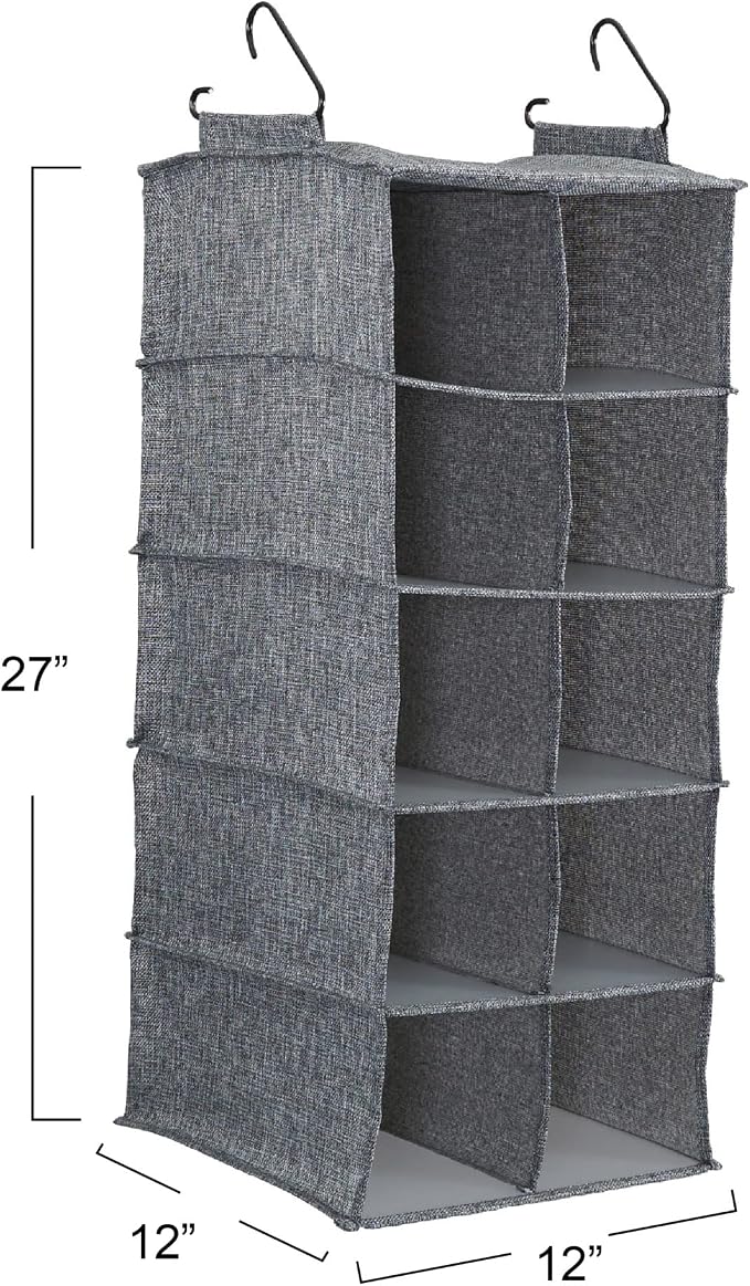 Household Essentials 10 Pocket Double Hang Canvas Shoe Organizer Side‑by‑Side Hanging Storage, Gray - Image 3