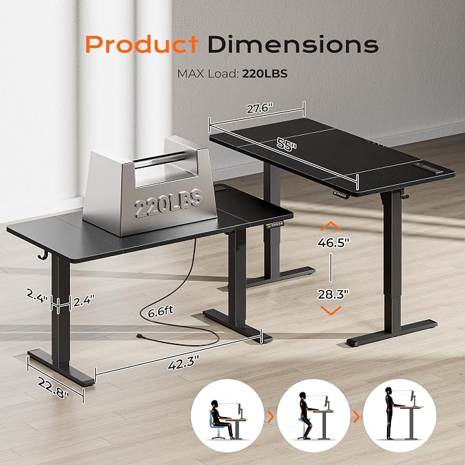Huuger 55 x 28 Large Electric Standing Desk with 4 AC Outlets, Type-C Port, Height Adjustable Computer Desk, 27.6" Deep Desktop, Stand up Gaming Office Desk, 3 Preset Heights, for Home Office, Black - Image 2