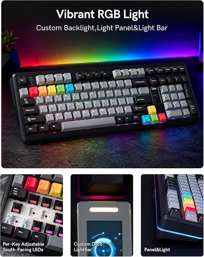 Keymatic Mechanical Keyboard Wireless,98% Pink Creamy Keyboard Gaming Keyboard,3 Mode with Multimedia Screen,RGB Backlit,Black - Image 5