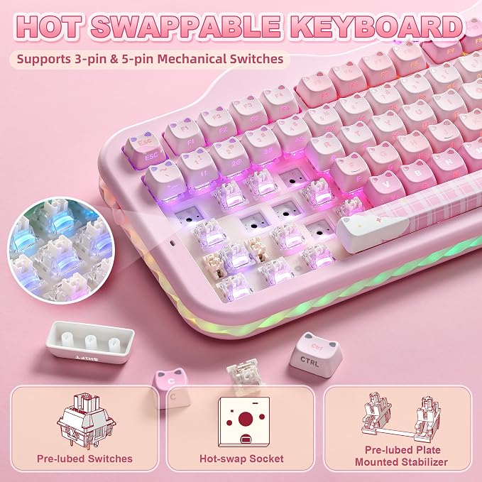 YUNZII C98 Cute Wireless Mechanical Keyboard(Pink Mao, Milk Switch) | Cake Keyboard,99 Keys with Number Pad, MAO Keycaps, BT5.0/2.4G/USB-C,Hot Swap, Gasket Mount, Custom RGB Backlight for Win/Mac - Image 5
