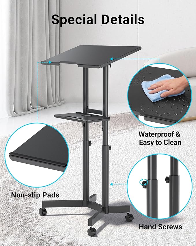 BONTEC Lecterns & Podiums Portable Mobile Standing Laptop Desk, Sit Stand | Height Adjustable, Home Office Classroom Pulpit Stand Up Desk Workstation, Rolling Table Laptop Cart with Storage Tray - Image 8