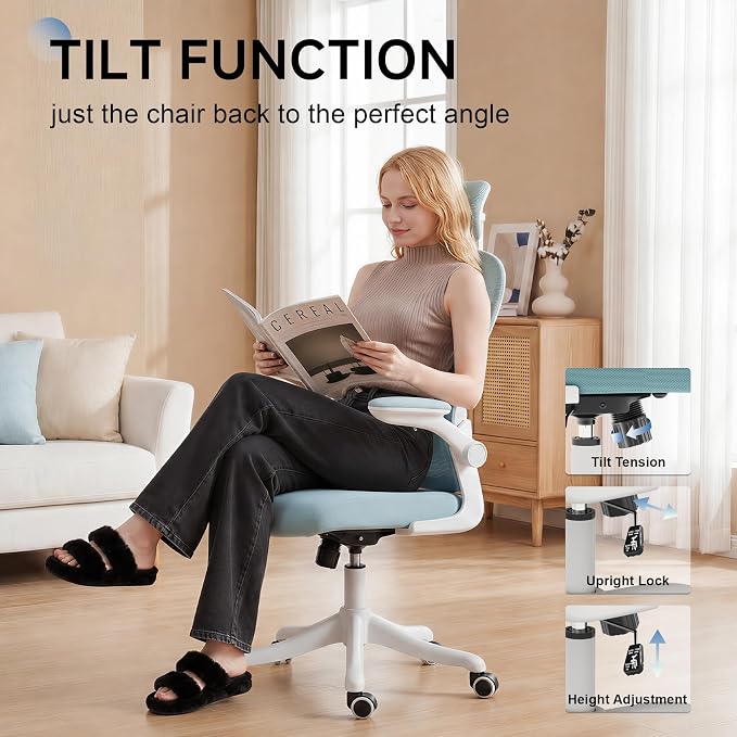 Ergonomic Office Chair with Adjustable Lumbar Support and Headrest, High Back Mesh Desk Chair for Home Office,Flip-Up Arms 90-120° Tilt Lock Rolling Swivel Task Chairs (White-Blue6065) - Image 6