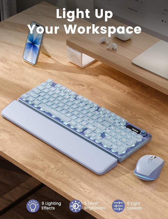 Wireless Keyboard and Mouse Combo - 9 Backlit Effects, Wrist Rest, Double-Shot Keycaps, Metal Panel, Long-Lasting Rechargeable, 2.4G Keyboard Mouse Set for Windows Mac PC Laptop – Sablute (Purple) - Image 2