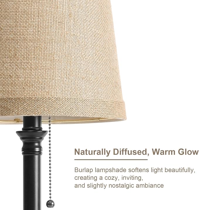 19.5" Black Rustic Table Lamps Set of 2 for Living Room Bedroom | Pull Chain Switch Bedside Table Lamps, Farmhouse Nightstand Lamp with Natural Shade, Small Lamp for End Table & Desk Light - Image 5