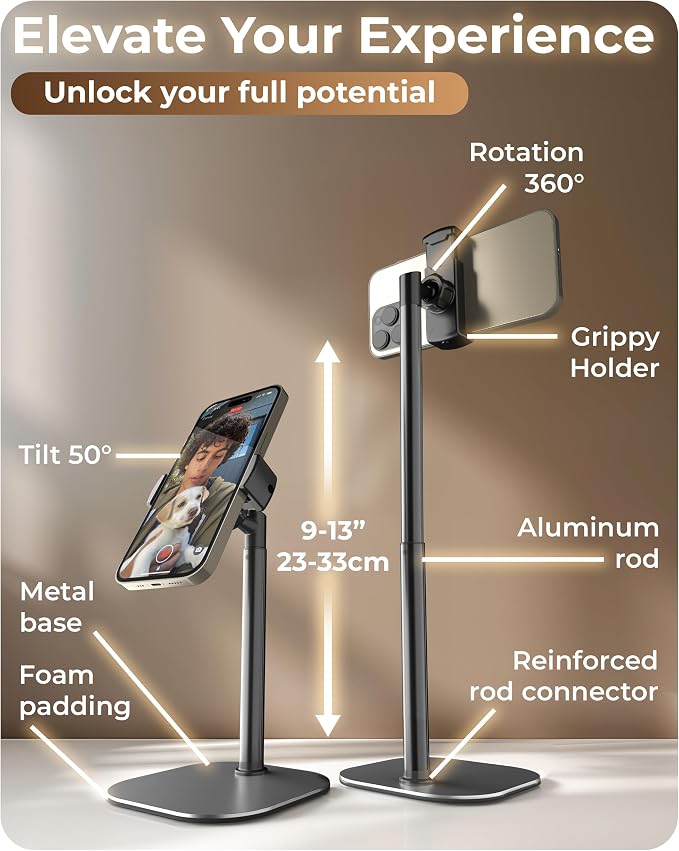 COOPER ChatStand Sturdy Cell Phone Holder, iPhone Stand for Desk, Recording | 9-13" Adjustable, Weighted Metal Base, Tabletop Tripod, for Filming, Video Calls, FaceTime; fits all iPhone, Samsung, Android - Image 6