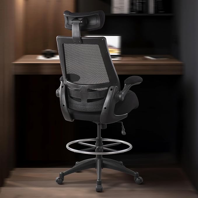 BOLISS Big and Tall Drafting Chair 400lbs High Back Dual Seat Cushion | Ergonomic Office Chair for Standing Desk, Double Thick Seat Cushion, Adjustable Foot Ring, Lumbar Support & Flip Up Armrests - Image 6