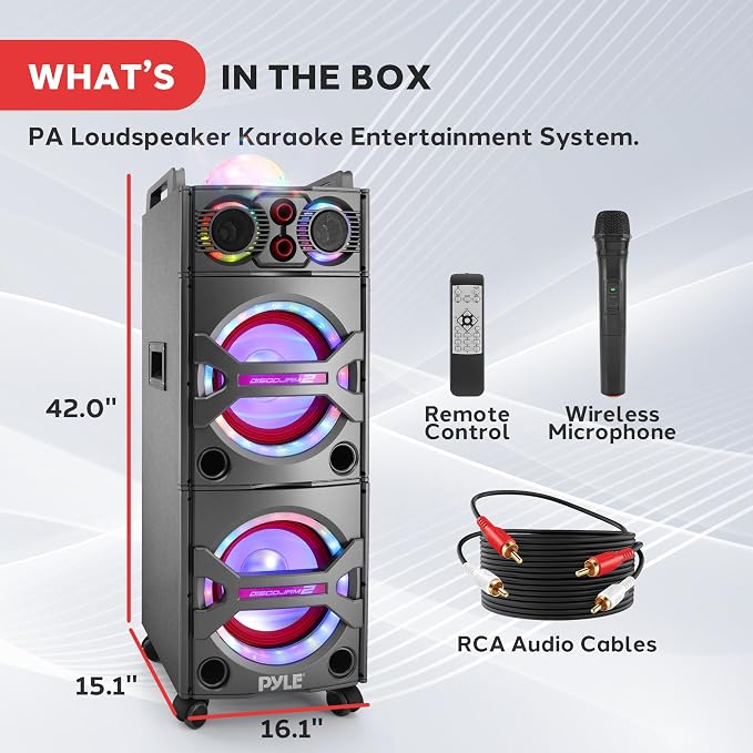 Portable Bluetooth PA Speaker System - 2000W Active Powered Outdoor Bluetooth Speaker Portable PA System w/Microphone in, Party Lights, USB SD Card Reader, AUX/RCA/FM Radio, Wheels - Pyle PSUFM1043BT - Image 7