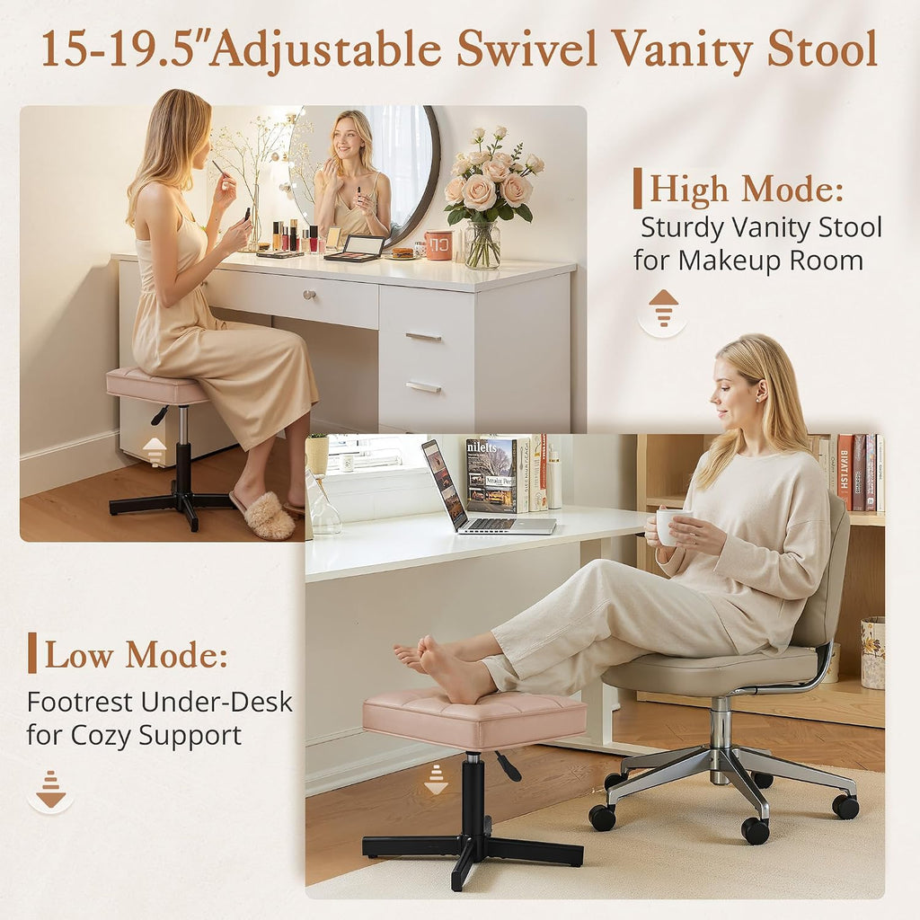 LUE BONA Adjustable Vanity Stool, 15''-19.5'' Foot Rest Under Desk, 360° Swivel Vanity Chair for Makeup Room, Rose Gold Upholstered Faux Leather Ottoman for Bathroom & Living Room, 300lbs - Image 3