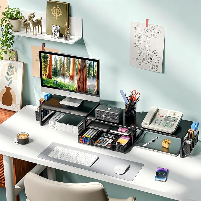 Simple Trending Dual Monitor Stand with Drawer and 2 Pen Holders, Black | 42"L x 9.5"W x 4.75"H. Sturdy metal. Fits 2 monitors. Reduces neck strain. Drawer + 2 pen holders. Easy assembly. 24h support - Image 2