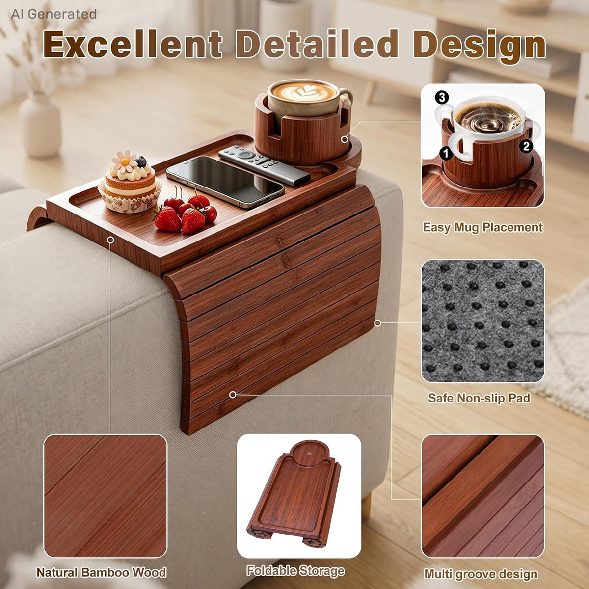Bamboo Couch Arm Tray, 3 in1 Couch Armrest Table, Armrest Tray, Walnut - Image 6