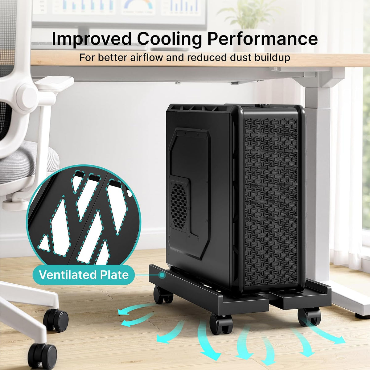 PC Stand for Floor, Adjustable CPU Stand with 4 Rolling Wheels, Black - Image 3