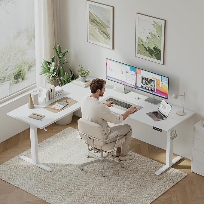Klicelor L Shaped Standing Desk 63 x 55.1 Inch Dual Motors, Electric Height Adjustable Corner Desk for Home Office Workstation, Ergonomic Sit Stand Computer Table with Memory Controller, White - Image 2