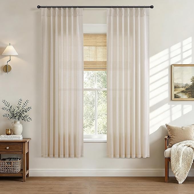 Hokibero Cream Pinch Pleated Linen Curtains 78 Inch Long for Living Room | Beige Light Filtering Semi Sheer Curtain,Back Tab Hooks Rings,Farmhouse Textured Privacy Drapes for Bedroom Window,2 Panels by Hokibero