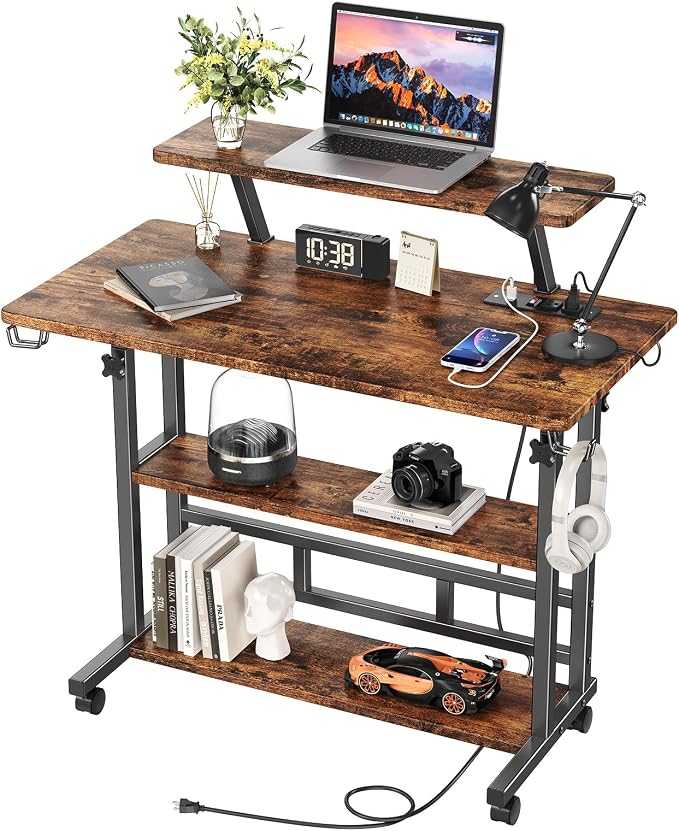 Adjustable Height Standing Desk with Power Outlets, Rolling Stand Up Desk with Monitor Stand and Storage Shelves, 31.5" Small Mobile Computer Desk, Portable Laptop Table (Retro Brown) by BYMECOST