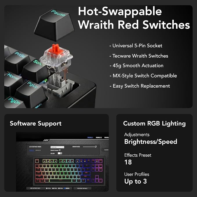 TECWARE Phantom+ Elite 87 Key RGB Mechanical Gaming Keyboard | 3 Mode Wireless Bluetooth 5.0 2.4GHz & USB C Wired | Hot Swappable 5 Pin | Double Shot PBT Keycaps | Wraith Red Switch - Black - Image 5
