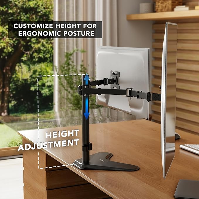 Mount-It! Dual Monitor Stand, Premium Adjustable Desk Mount for Two 13–32 Inch Screens up to 17 lbs Each, Full Motion Swivel Tilt Rotate Height Adjustable Arms, VESA 75x75 100x100, Steel Base - Image 6