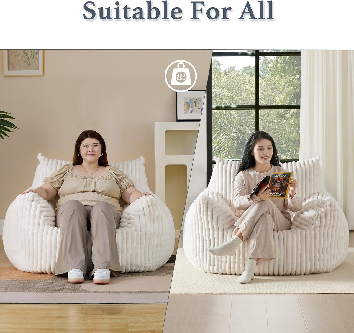 Giant Plush Bean Bag Chair for Adults with Armrests - Oversized Comfy Beige Beanbag Lounge Lazy Floor Sofa Accent Chair for Living Room, Bedroom & Dorm, Cozy Fluffy Single Cloud Mini Couch - Image 6