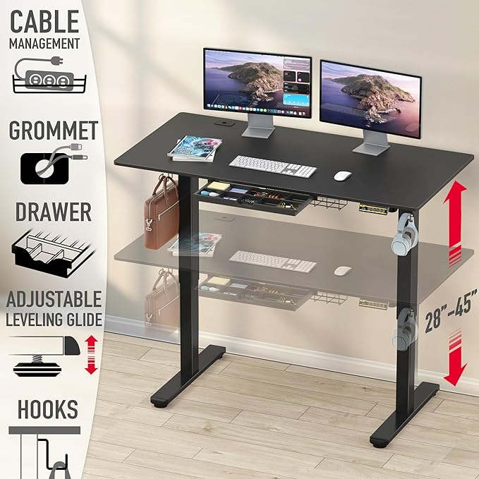 SHW 55 x 28 Electric Height Adjustable Standing Desk w/Drawer, Black | w/ Memory Presets and Cable Management | Drawer with adjustable compartments | Hanging Hooks - Image 4