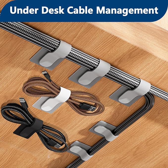 Abnii 50 PCS Hook and Loop Cable Ties, Under Desk Cable Management, Black | Self Adhesive Cable Tidy Clips Straps, Sticky-Back Cord Organizer, Wire Organizer for TV PC Laptop Ethernet Desktop - Image 2