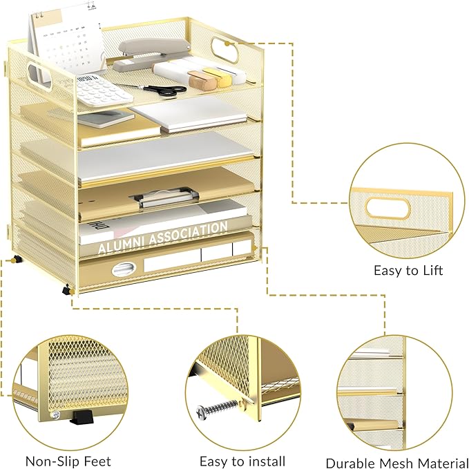 Daltack 6-Tier Paper Organizer for Desk with Handle, Gold, 2 Pack | Sturdy Metal Mesh Organizer with Movable Middle Trays and a Carry Handle for Papers, Folders and Office Supplies - Image 4