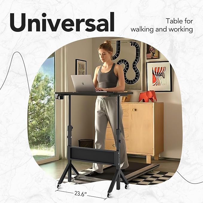 HUANUO Portable Standing Desk Adjustable Height, Mobile Stand Up Desk for Walking Pad and Treadmill, Rolling Computer Table with Wheels, 31.5"x15.75" Height 28.7"-46.1", Black - Image 9