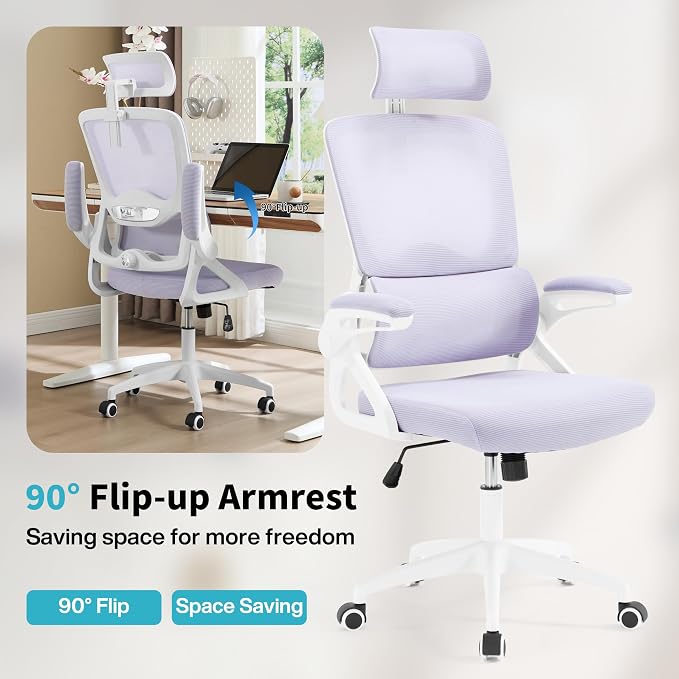 Ergonomic Office Chair,Mesh Office Chair with Lumbar Support,High Back Desk Chair with Flip-up Arms,400 lbs Big and Tall Computer Chair with Headrest,Comfy Desk Chairs (Lavender) - Image 7