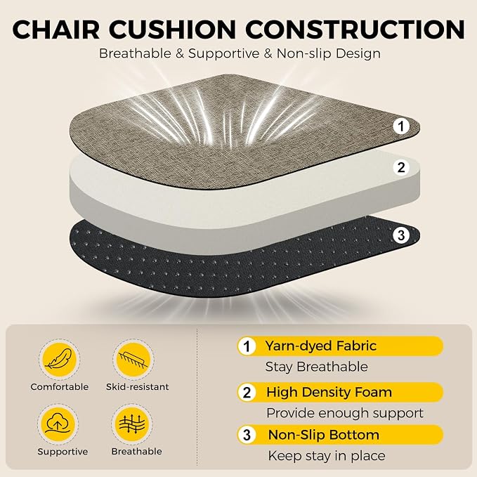 downluxe Indoor Chair Cushions for Dining Chairs, Soft and Comfortable Textured Foam Kitchen Chair Pads with Ties and Non-Slip Backing, 16" x 16" x 2", Khaki, 4 Pack - Image 3