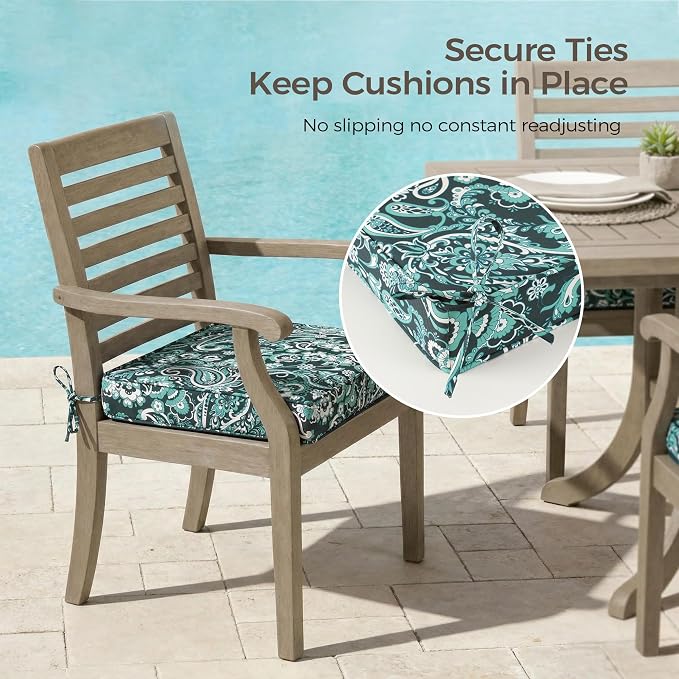 UNIKOME Outdoor Chair Cushions Set of 4, Water Resistant Patio Seat Cushions with Ties for Outdoor Furniture, High-Density Foam, UV & Fade Resistant, Piped Edge – 18.5" x 16" x 3", Boho Teal Paisley - Image 5