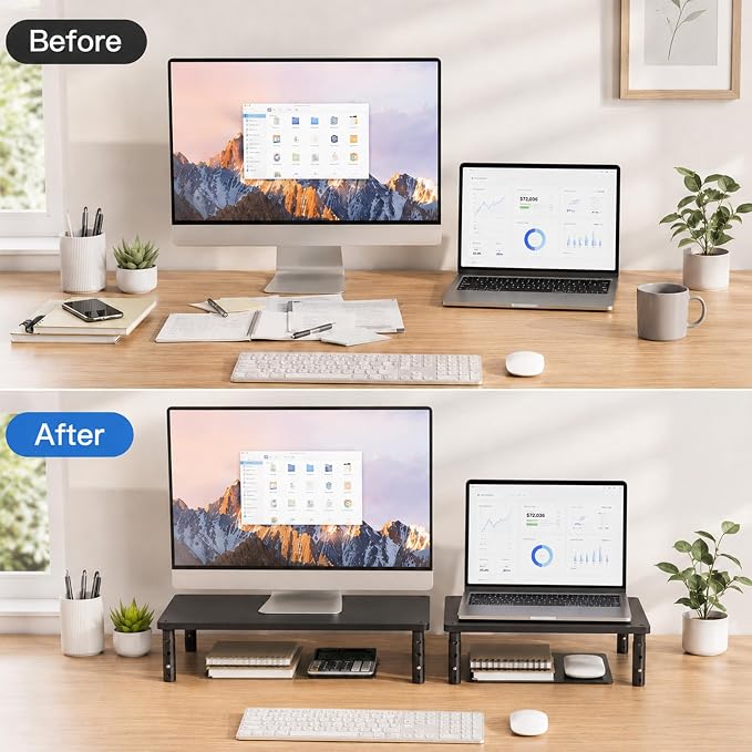 Adjustable Monitor Stand Riser for Desk, Wood Computer & Laptop Stand, Desk Organizers and Accessories, Office Desk Accessories & Workspace Organizer for Home Office Supplies, Black 2-Pack - Image 3