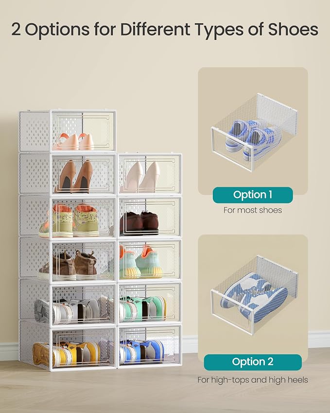 SONGMICS Shoe Boxes, Clear Plastic Sneaker Box, Pack of 12 | Stackable Shoe Storage Organizers, for Closet, 13.1 x 9.1 x 5.6 Inches, Transparent and White, DENNYS Collection ULSP12SWT - Image 4