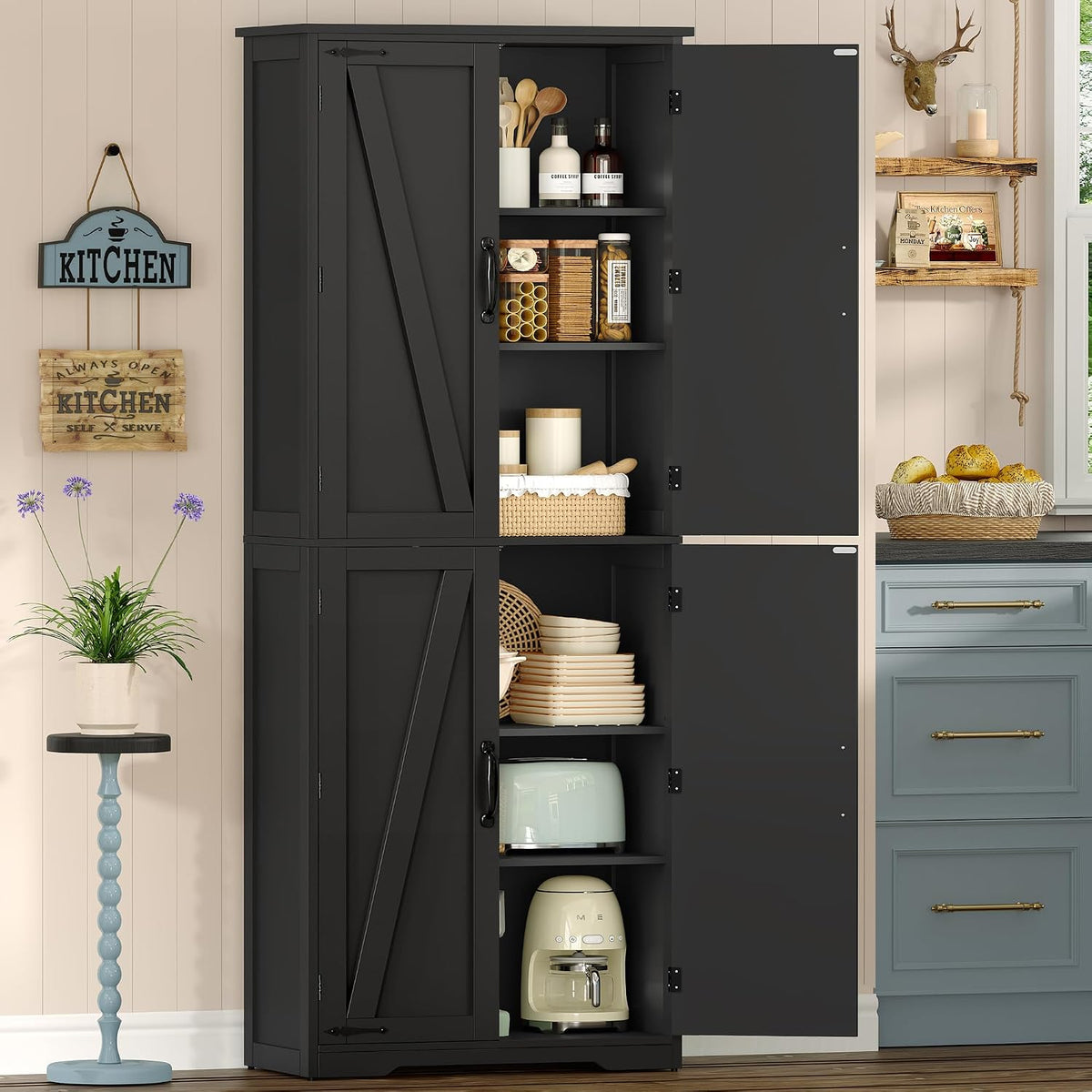 Tall Pantry Cabinet with 4 Doors & 2 Adjustable Shelves, Kitchen Cabinet by TEENFON