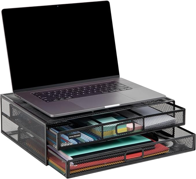 Mind Reader Monitor Stand, Ventilated Laptop Riser, Storage Drawer, Office, Metal Mesh, Black - Image 5