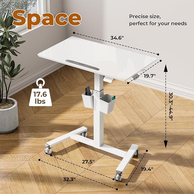 35" Glass Mobile Standing Desk, Foldable Desktop for Storage | Height Adjustable Portable Drafting & Laptop Desk with Wheels, Small Rolling Whiteboard for School Home Office, White - Image 2