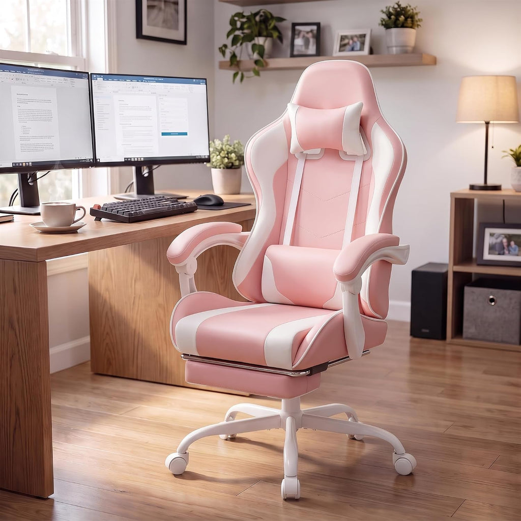 Homall Gaming Chair, Ergonomic, Footrest & Massage Lumbar Support, Pink - Image 2