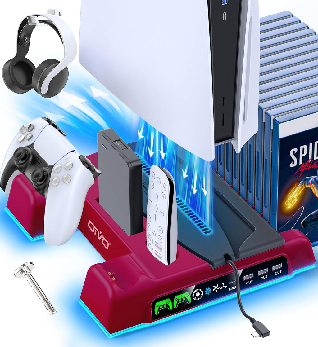 PS5/Slim/Pro Stand and Cooling Station with LED Controller Charging Station for P 5 Console, Controller Charger, Cooling Stand, PS5/Slim/Pro Skin Accessories Kit with 3 Level Cooler Fan, Volcanic Red by OIVO