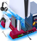 PS5/Slim/Pro Stand and Cooling Station with LED Controller Charging Station for P 5 Console, Controller Charger, Cooling Stand, PS5/Slim/Pro Skin Accessories Kit with 3 Level Cooler Fan, Volcanic Red by OIVO