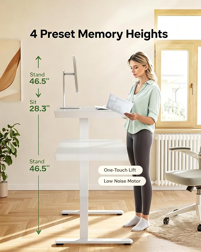 Marsail 47.24 inch Glass Standing Desk with 2-Zone Drawer Storage, White | Storage drawer, one-piece tabletop, two USB charging ports, sit stand design, 28.3–46.5 inch height range, home office use - Image 7