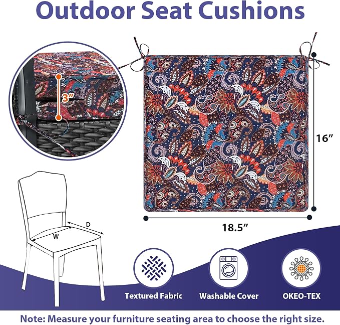 IPYNBAP Outdoor Chair Cushions Set of 4 -Waterproof Outdoor Seat Cushions for Patio Furniture, Patio Chair Cushion with Handle and Ties, Out Door Chair Pads,18.5x16x3-Square, Artistic Floral - Image 6