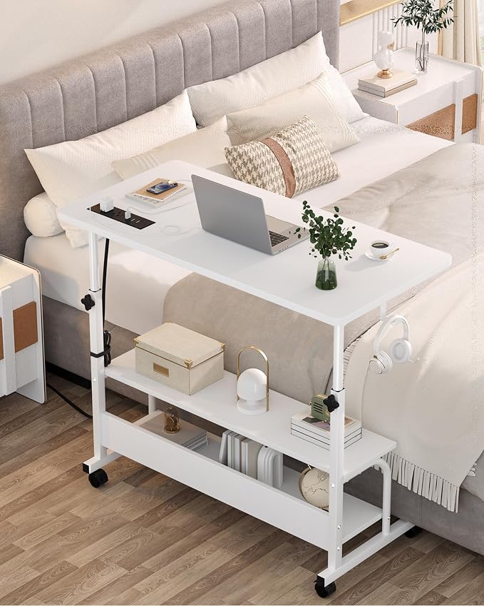 32" Rolling Standing Desk with Charging Station for Couch Bed | Height Adjust 27.5-41", 2 AC/3 USB, Mobile 4 Lockable Wheels, 2-tier Shelves Hook, Safe Corner Fast Assembly - Image 7