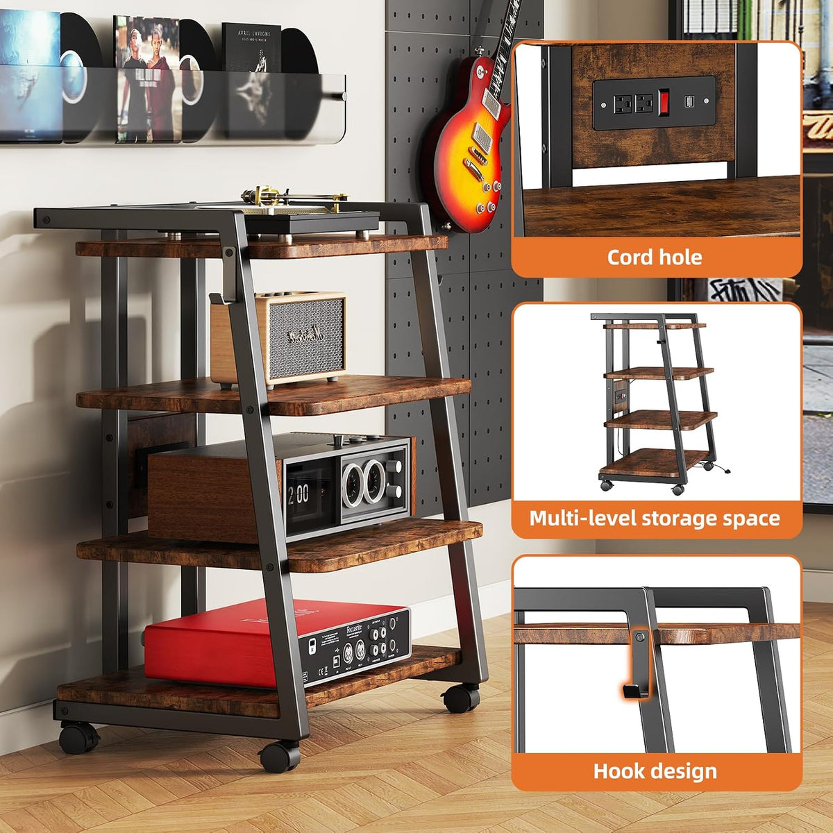 Mobile AV Media Stand with Outlets and 4 Rolling Caster Wheels - Image 5
