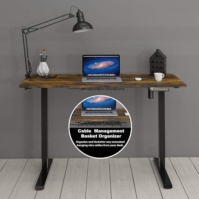 SHW 48-Inch Electric Height Adjustable Sit to Stand Desk, Rustic Brown | with Hanging Hooks and Cable Management, Black Frame and Rustic Brown Top - Image 5