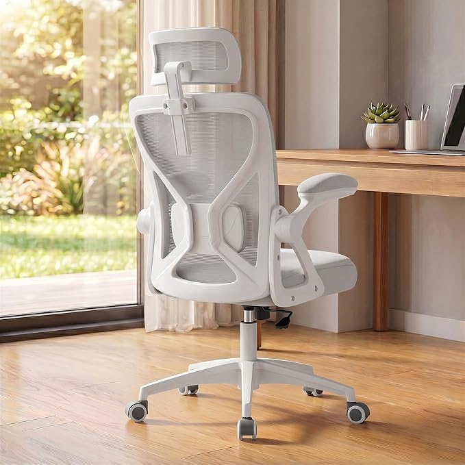 VASAGLE Office Chair, Adjustable Mesh with Lumbar Support and Headrest | Ergonomic desk chair, 90-105° tilt function, wide seat, flip-up armrests, Dove Gray UOBN044GD01S by Unknown