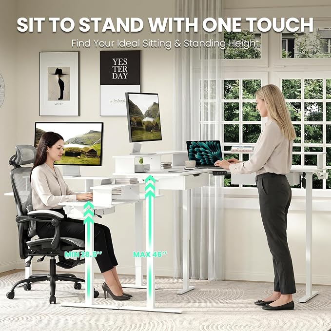 MALOL 59" L Shaped Electric Standing Desk with Drawers, Height Adjustable Desk with Power Outlets & LED Lights, Monitor Stand, Corner Computer Desk for Home Office, White - Image 5