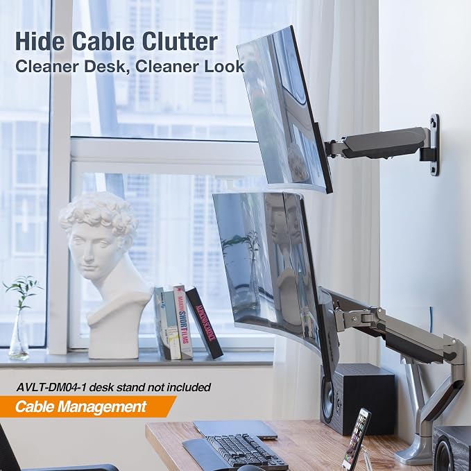 AVLT Single Monitor Arm Wall Mount for 13-32" Screens, Full Motion - Silver | Supports flat/curved/ultrawide screens up to 19.8 lbs. Smooth gas spring control, 3-bolt wall plate and cable management - Image 6