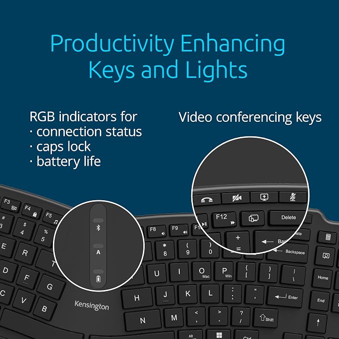 Kensington Pro Fit Ergo Wireless Keyboard KB675, Ergonomic, Rechargeable, Bluetooth & 2.4GHz Connection, Programmable Keys, Black, K75491US | Ergonomic layout, rechargeable, Bluetooth and 2.4GHz connection, programmable keys - Image 5