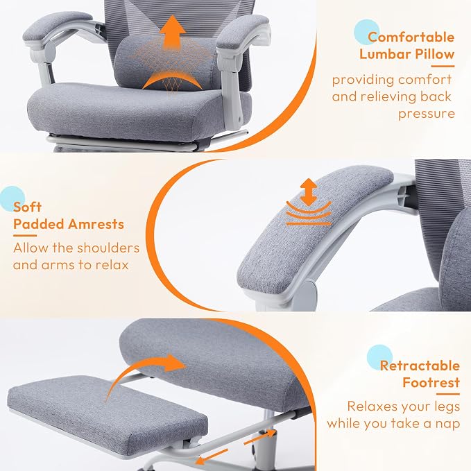 Ergonomic Office Chair with Footrest, Comfortable Desk Chair Gaming Chair | Leg Rest, Swivel Mesh Desk Chair with Headrest and Lumbar Support for Home, Office, Work, Study, Grey - Image 5
