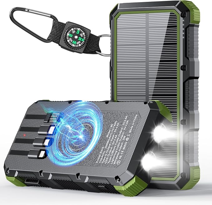 Solar Charger Power Bank 20000mAh Wireless Charger QC 3.0 Fast Charging Power Bank 8 Outputs 4 Inputs Solar Portable Charger Compatible with All Mobile Devices,SOS/Strobe/Strong Flashlights (green) by Fmooo
