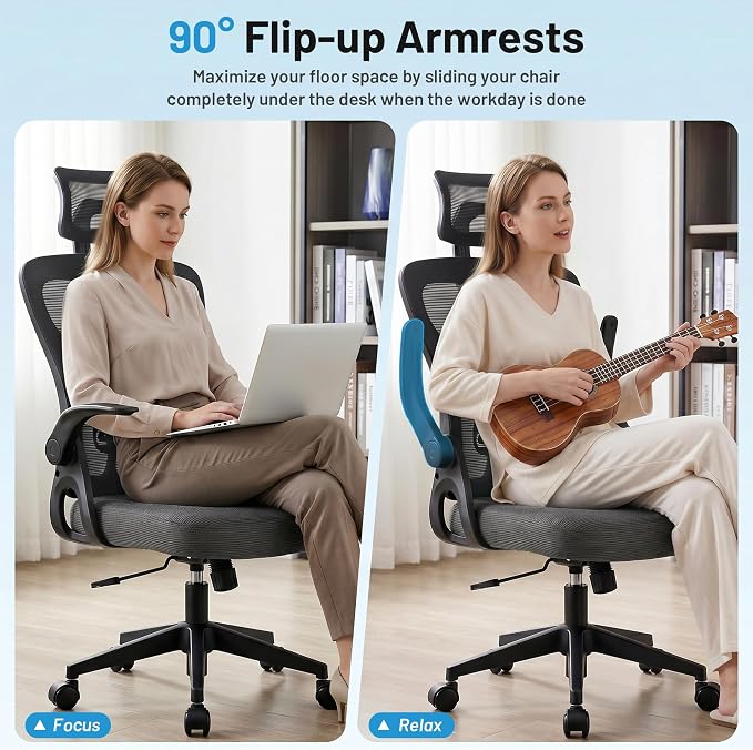 Office Chair Ergonomic Desk Chair with Adjustable Headrest Lumbar Support, High Back Breathable Mesh Chair with 120° Tilt & Flip-Up Armrests, Swivel Comfy Task Computer Chair for Work, Study - Image 8