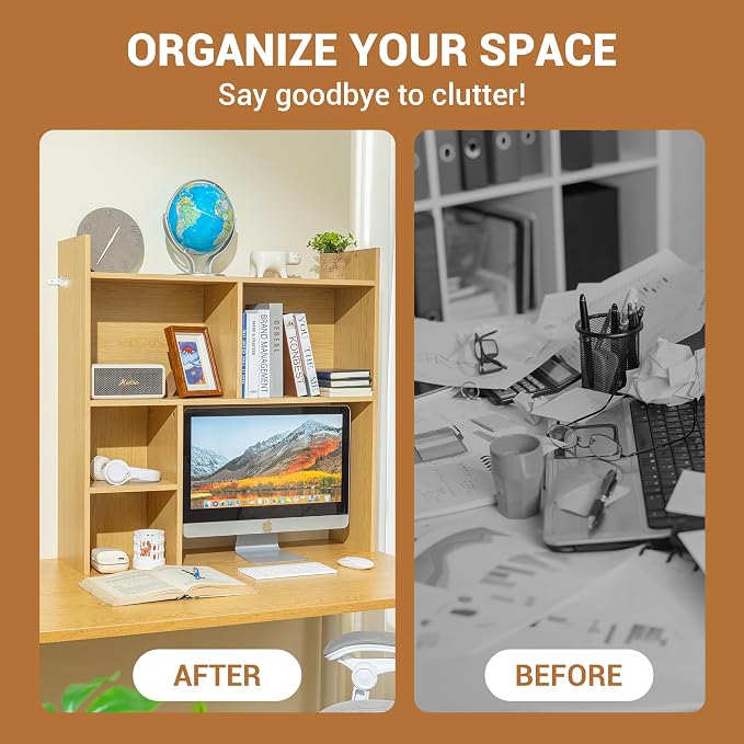 deli Desktop Shelf, Desk Hutch with 5 Shelves for Computer Desk, Natural | 3-Tier Desktop Display Rack, Multipurpose Wood Desktop Bookshelf Storage Organizer for Dorm Office Home - Image 6