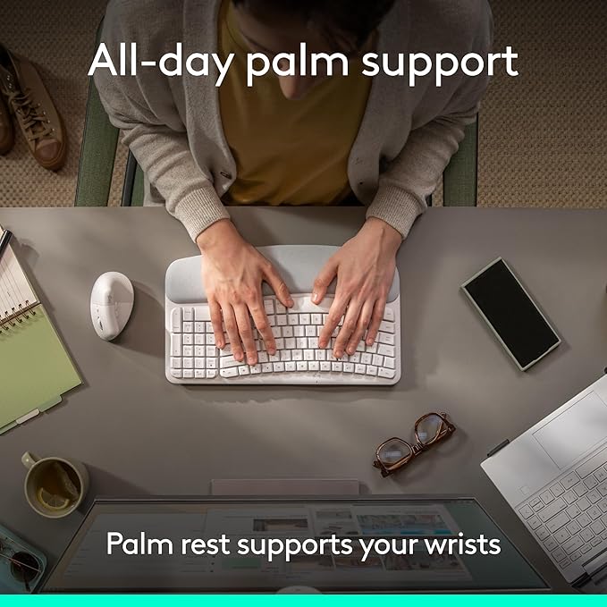 Logitech Wave Keys Wireless Ergonomic Keyboard - Off White | Cushioned palm rest, Easy-Switch multi-device pairing, Logi Bolt receiver, compatible with Windows/Mac, 3-year battery life - Image 4